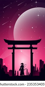 samurai background. Japanese samurai with torii gate background. Japanese cyberpunk samurai. samurai girl illustration. landscape fantasy wallpaper. ronin. 