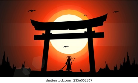 samurai background. Japanese samurai with torii gate background. Japanese cyberpunk samurai. landscape fantasy wallpaper. sunset fantasy background. samurai girl illustration.