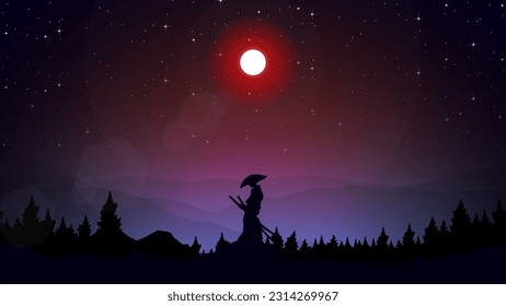 Samurai Background in the night. japan theme background. samurai wallpaper. landscape fantasy walpaper. japanese samurai background.	