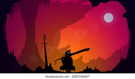 samurai with big swords. Japanese samurai warrior with a sword. Samurai with oni mask. japanese theme wallpaper at sunset. sunset. orange sky. fantasy sunset walpaper.