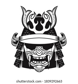 Samurai in black mask. Japan traditional fighter. Vintage isolated vector illustration. Military art and design elements concept