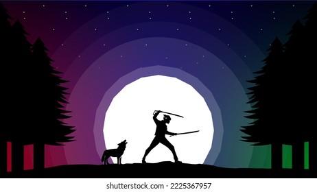 samurai boy anime wallpaper. samurai boy fighting with wolves. war of the samurai wallpaper. silhouette of a person in the night.