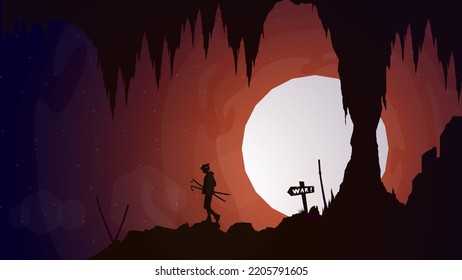 samurai boy anime wallpaper. samurai boy with oni mask on head. illustration of a samurai boy going to war. cave walpaper for desktop. boy walking with two swords.