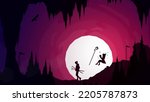 samurai boy anime wallpaper. samurai boy walking with two swords. samurai boy with oni mask on head. floating witch reading a book. witch with magic wand. cave walpaper.