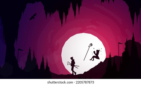 samurai boy anime wallpaper. samurai boy walking with two swords. samurai boy with oni mask on head. floating witch reading a book. witch with magic wand. cave walpaper.
