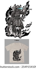 um samurai carregando uma grande espada nas costas, com chamas negras ao fundo.