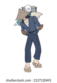 Samurai carrying an old man on his back
