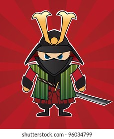 Samurai cartoon illustration on red sunburst background, vector