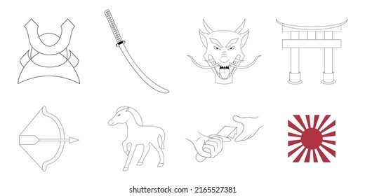 Pictogramas de dibujos animados de Samurai ilustraciones de conjunto vectorial.