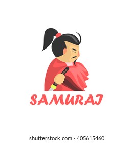 Samurai Cartoon Style Flat Vector Illustration On White Background With Text