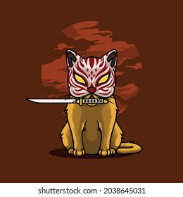 gato samurai mordiendo espada sobre fondo lunar