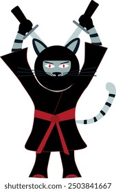 Samurai cat in a black robe holds a sword behind his back