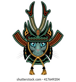 Samurai cat. Colored version isolated on white. 
