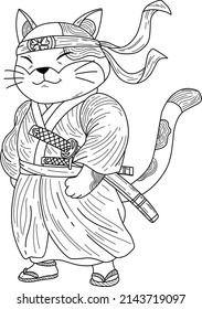 Samurai Cat Coloring Page Vector