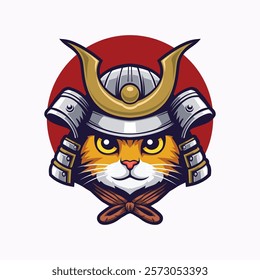 Samurai Cat Head Mascot Illustration