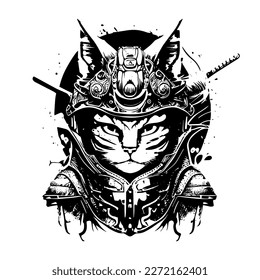 Samurai cat logo black and white hand drawn illustration