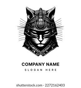 Samurai cat logo black and white hand drawn illustration