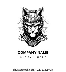 Samurai cat logo black and white hand drawn illustration