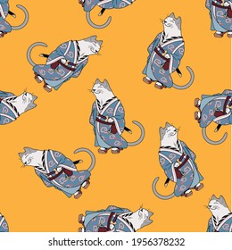 samurai cat seamless pattern in vector.