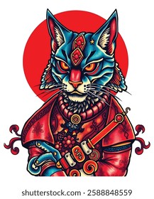 Samurai Cat Sun In White Background