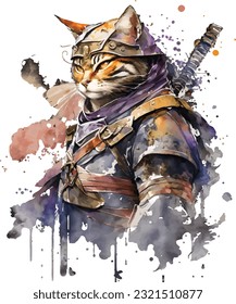 Samurai Cat Traditional Japanese | Transparent 300dpi digital tshirt POD, EPS, vector, clipart, book cover, wallart, ready to print, Print-on-Demand, colorful, no background, beauty, professional.