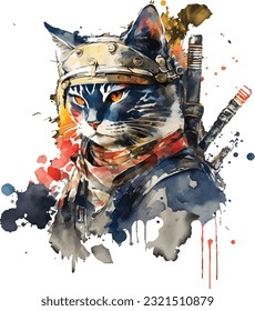 Samurai Cat Traditional Japanese | Transparent 300dpi digital tshirt POD, EPS, vector, clipart, book cover, wallart, ready to print, Print-on-Demand, colorful, no background, beauty, professional.