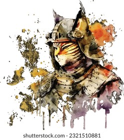 Samurai Cat Traditional Japanese | Transparent 300dpi digital tshirt POD, EPS, vector, clipart, book cover, wallart, ready to print, Print-on-Demand, colorful, no background, beauty, professional.