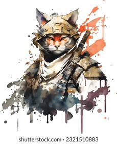 Samurai Cat Traditional Japanese | Transparent 300dpi digital tshirt POD, EPS, vector, clipart, book cover, wallart, ready to print, Print-on-Demand, colorful, no background, beauty, professional.