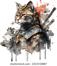 Samurai Cat Traditional Japanese | Transparent 300dpi digital tshirt POD, EPS, vector, clipart, book cover, wallart, ready to print, Print-on-Demand, colorful, no background, beauty, professional.