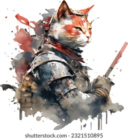 Samurai Cat Traditional Japanese | Transparent 300dpi digital tshirt POD, EPS, vector, clipart, book cover, wallart, ready to print, Print-on-Demand, colorful, no background, beauty, professional.