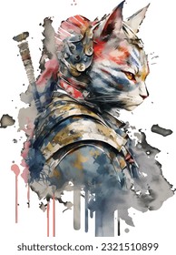 Samurai Cat Traditional Japanese | Transparent 300dpi digital tshirt POD, EPS, vector, clipart, book cover, wallart, ready to print, Print-on-Demand, colorful, no background, beauty, professional.