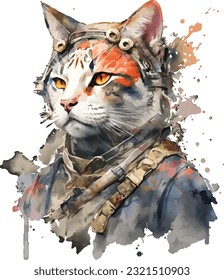 Samurai Cat Traditional Japanese | Transparent 300dpi digital tshirt POD, EPS, vector, clipart, book cover, wallart, ready to print, Print-on-Demand, colorful, no background, beauty, professional.