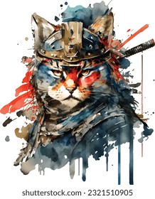 Samurai Cat Traditional Japanese | Transparent 300dpi digital tshirt POD, EPS, vector, clipart, book cover, wallart, ready to print, Print-on-Demand, colorful, no background, beauty, professional.