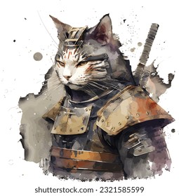Samurai Cat Traditional Japanese | Transparent 300dpi digital tshirt POD, EPS, vector, clipart, book cover, wallart, ready to print, Print-on-Demand, colorful, no background, beauty, professional
