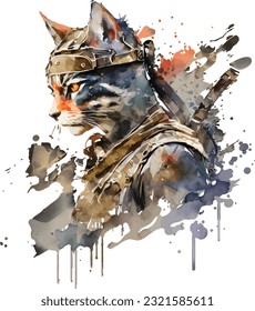 Samurai Cat Traditional Japanese | Transparent 300dpi digital tshirt POD, EPS, vector, clipart, book cover, wallart, ready to print, Print-on-Demand, colorful, no background, beauty, professional
