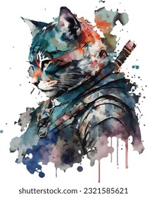 Samurai Cat Traditional Japanese | Transparent 300dpi digital tshirt POD, EPS, vector, clipart, book cover, wallart, ready to print, Print-on-Demand, colorful, no background, beauty, professional