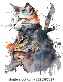 Samurai Cat Traditional Japanese | Transparent 300dpi digital tshirt POD, EPS, vector, clipart, book cover, wallart, ready to print, Print-on-Demand, colorful, no background, beauty, professional