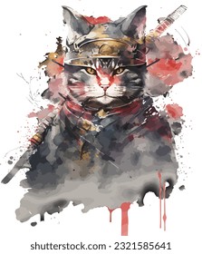 Samurai Cat Traditional Japanese | Transparent 300dpi digital tshirt POD, EPS, vector, clipart, book cover, wallart, ready to print, Print-on-Demand, colorful, no background, beauty, professional