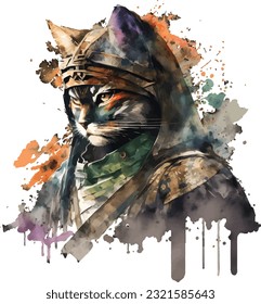 Samurai Cat Traditionelles Japanisch | Transparenter digitaler T-Shirt-POD (300dpi), EPS, Vektorgrafik, Clipart, Buchcover, Wallart, Print-on-Demand, bunt, ohne Hintergrund, Schönheit, professionell