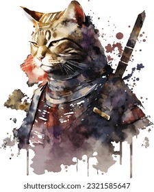 Samurai Cat Traditional Japanese | Transparent 300dpi digital tshirt POD, EPS, vector, clipart, book cover, wallart, ready to print, Print-on-Demand, colorful, no background, beauty, professional