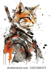 Samurai Cat Traditional Japanese | Transparent 300dpi digital tshirt POD, EPS, vector, clipart, book cover, wallart, ready to print, Print-on-Demand, colorful, no background, beauty, professional