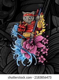 Samurai Cat, Cat Samurai T-Shirt Design Japanese Illustration Style Isolated Vector. Suitable for T-Shirt Design, Poster, Logo, and Wallpaper.