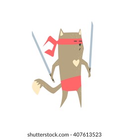 Samurai Cat With Two Swords Flat Geometrical Design Cool  Vector Icon On White Background