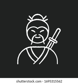 Samurai chalk white icon on black background. Asian martial arts fighter. Old man with moustache and katana. Chinese medieval soldier. Japanese swordsman. Isolated vector chalkboard illustration