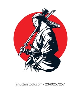 Samurai-Charakter mit Sonnenhintergrund