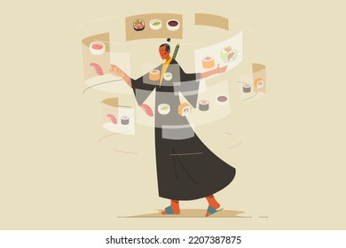 Samurai Choosing Food in Virtual Screen