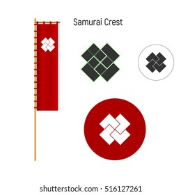 Samurai Clan Crests. Logo And Nobori (flag). Vector Illustration.