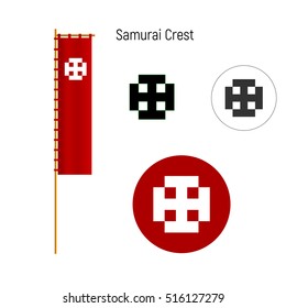 Samurai clan crests. Logo and nobori (flag). Vector illustration.
