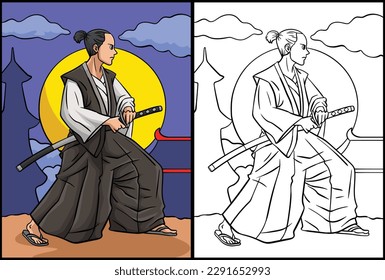 Samurai Coloring Page Colored Illustration