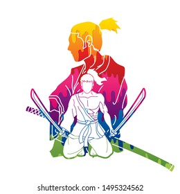 Samurai composition with swords cartoon graphic vector